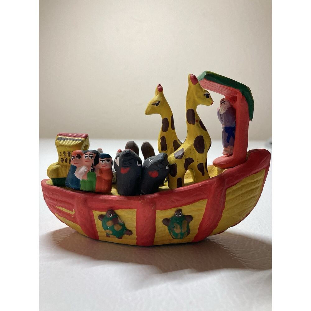 Awesome - Vintage Folk Art Colorful Pottery Clay of Noah's Ark Figurine